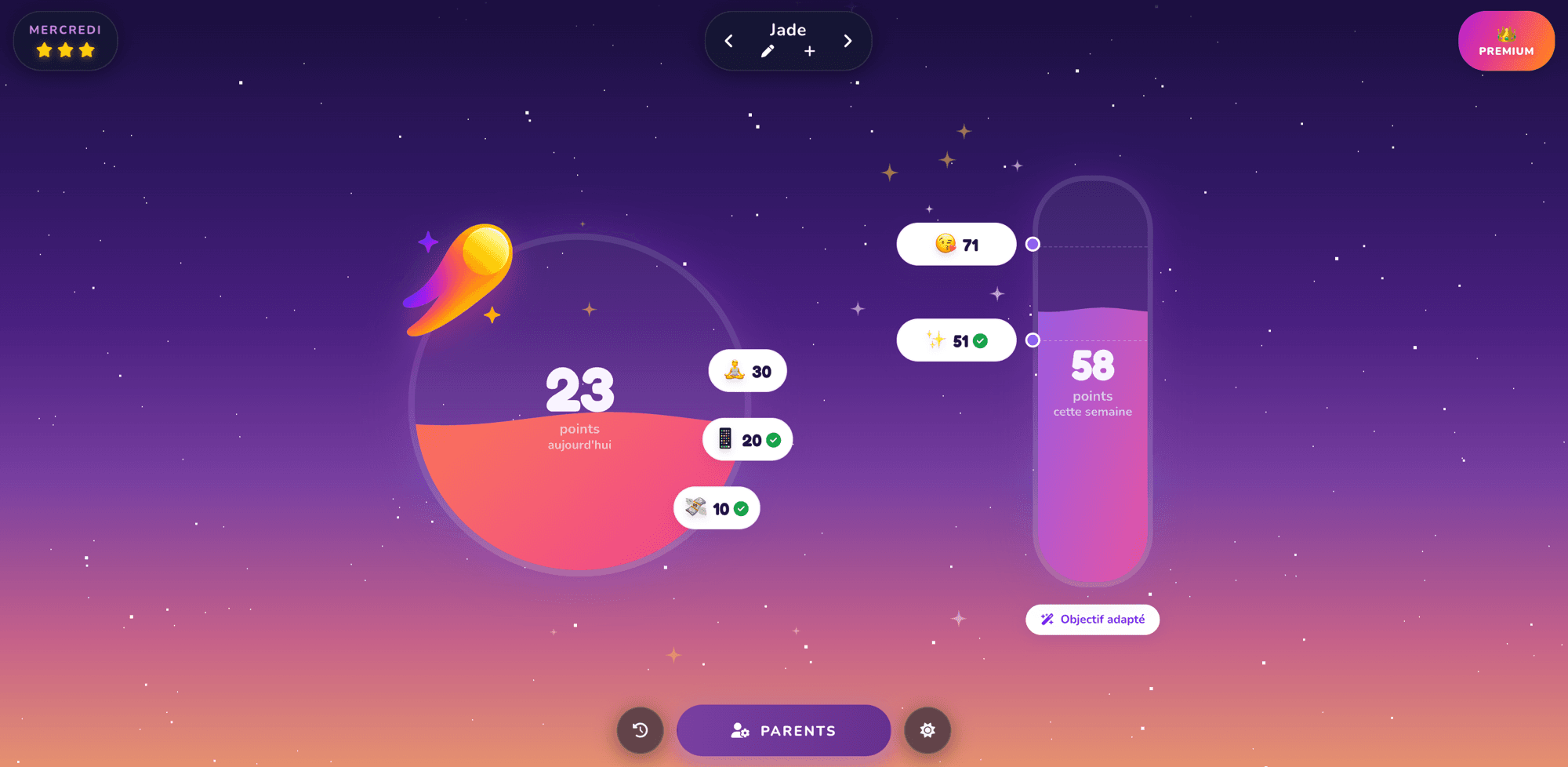 Elyvel en thème nuit « Lumière Cosmique » : la jauge de points du jour et l'objectif de la semaine, dans un ciel étoilé